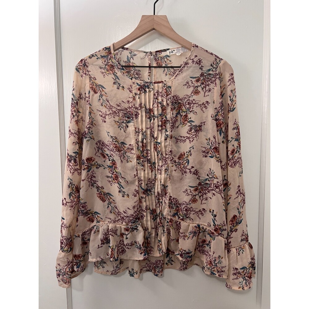 Jolt Women's Long Sleeve Floral Blouse Peach Pink Purple Green Floral Top Size L